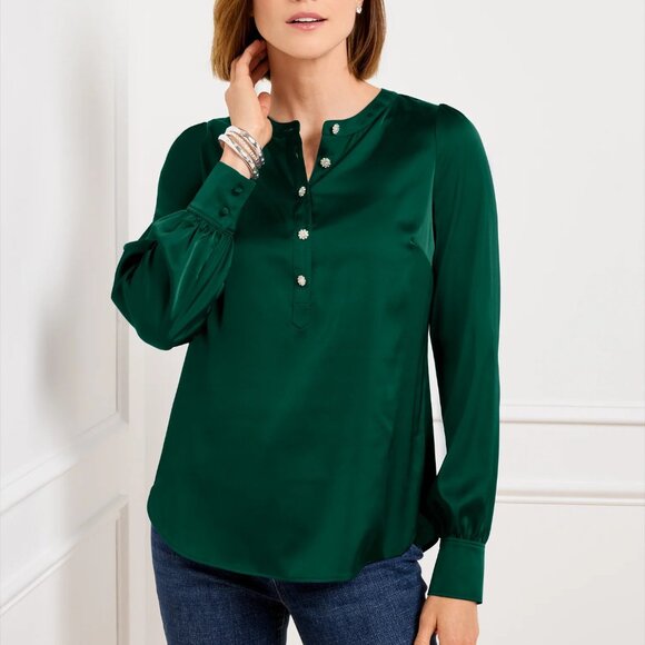 "NWT" Talbots Soft Satin Charmeuse Band Collar Popover Jewel Buttons Green- 2X - Picture 1 of 9